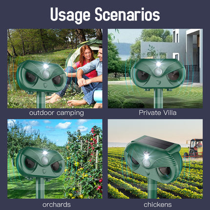 Black Advanced Solar Powered Ultrasonic Animal Repeller - Outdoor Pest Deterrent with Motion Sensor, Strobe Light & Laser.