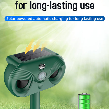 Black Advanced Solar Powered Ultrasonic Animal Repeller - Outdoor Pest Deterrent with Motion Sensor, Strobe Light & Laser.