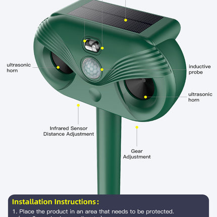 Black Advanced Solar Powered Ultrasonic Animal Repeller - Outdoor Pest Deterrent with Motion Sensor, Strobe Light & Laser.