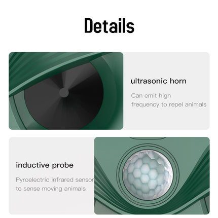 Black Advanced Solar Powered Ultrasonic Animal Repeller - Outdoor Pest Deterrent with Motion Sensor, Strobe Light & Laser.