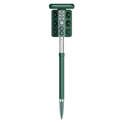 Green Solar Powered Ultrasonic Animal Repeller - Multi-Frequency Pest Deterrent with Motion Sensor, LED Strobe & Illumination Light.