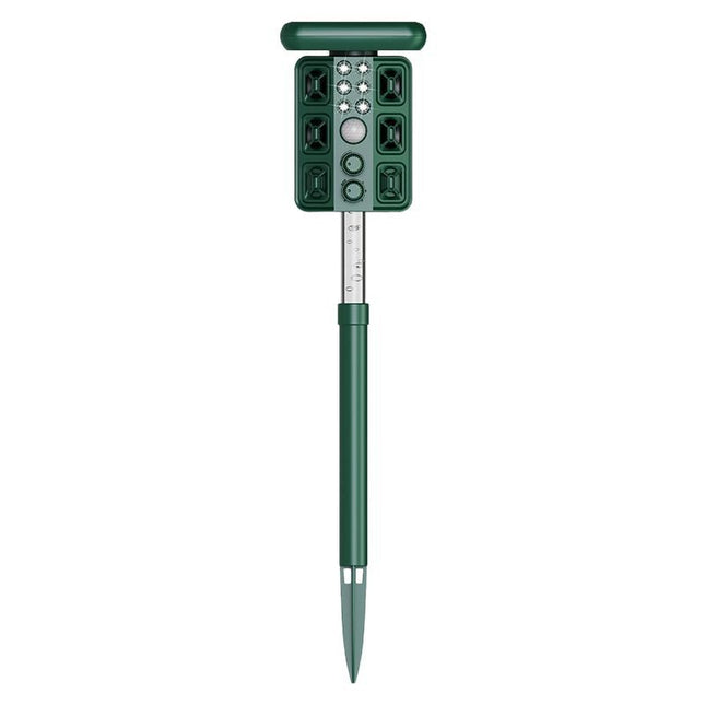 Green Solar Powered Ultrasonic Animal Repeller - Multi-Frequency Pest Deterrent with Motion Sensor, LED Strobe & Illumination Light.