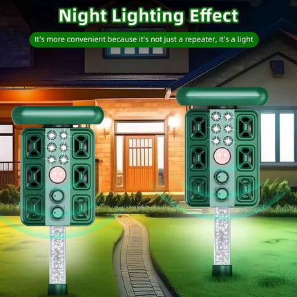 Green Solar Powered Ultrasonic Animal Repeller - Multi-Frequency Pest Deterrent with Motion Sensor, LED Strobe & Illumination Light.