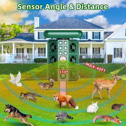 Green Solar Powered Ultrasonic Animal Repeller - Multi-Frequency Pest Deterrent with Motion Sensor, LED Strobe & Illumination Light.