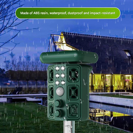 Green Solar Powered Ultrasonic Animal Repeller - Multi-Frequency Pest Deterrent with Motion Sensor, LED Strobe & Illumination Light.