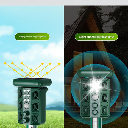 Green Solar Powered Ultrasonic Animal Repeller - Multi-Frequency Pest Deterrent with Motion Sensor, LED Strobe & Illumination Light.