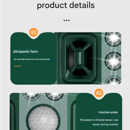 Green Solar Powered Ultrasonic Animal Repeller - Multi-Frequency Pest Deterrent with Motion Sensor, LED Strobe & Illumination Light.