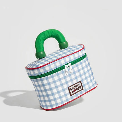 Blue And Green Chic Gingham Plaid Cosmetic Bag - Large Capacity Portable Travel Toiletry Organizer, Water-Resistant.