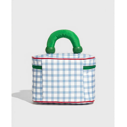 Blue And Green Chic Gingham Plaid Cosmetic Bag - Large Capacity Portable Travel Toiletry Organizer, Water-Resistant.