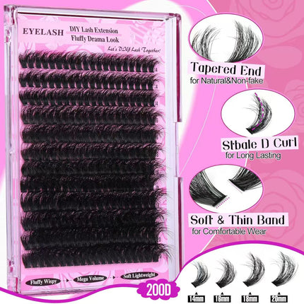 3 Pcs Black Mega Volume 200D DIY Lash Clusters - D Curl Faux Mink, Fluffy Drama Look, Mixed Lengths (14-20mm) for Custom Extensions.