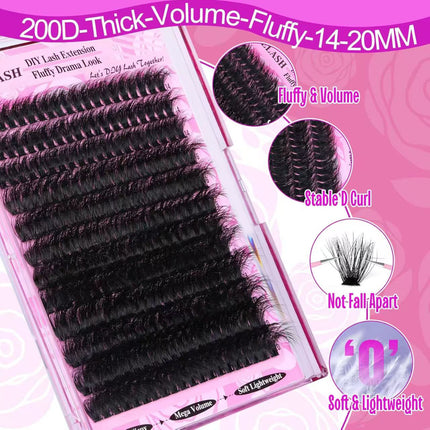 3 Pcs Black Mega Volume 200D DIY Lash Clusters - D Curl Faux Mink, Fluffy Drama Look, Mixed Lengths (14-20mm) for Custom Extensions.