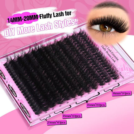 3 Pcs Black Mega Volume 200D DIY Lash Clusters - D Curl Faux Mink, Fluffy Drama Look, Mixed Lengths (14-20mm) for Custom Extensions.