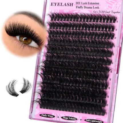 3 Pcs Black Mega Volume 200D DIY Lash Clusters - D Curl Faux Mink, Fluffy Drama Look, Mixed Lengths (14-20mm) for Custom Extensions.