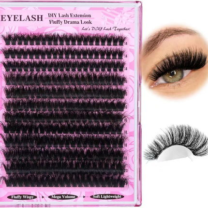 3 Pcs Black Mega Volume 200D DIY Lash Clusters - D Curl Faux Mink, Fluffy Drama Look, Mixed Lengths (14-20mm) for Custom Extensions.