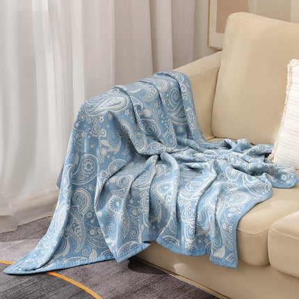 Blue Luxurious Paisley Jacquard Throw Blanket - Soft Wool Blend with Tassels, 120x150cm, Lightweight Sofa & Nap Blanket.