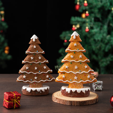 Yellow Charming Gingerbread Christmas Tree Figurine - Festive Resin Holiday Table Decor Ornament.