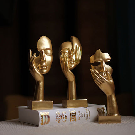 Gold Style 3 Elegant Abstract Face Sculpture - Modern Resin Art Figurine, Hand & Mask Home Decor Accent.
