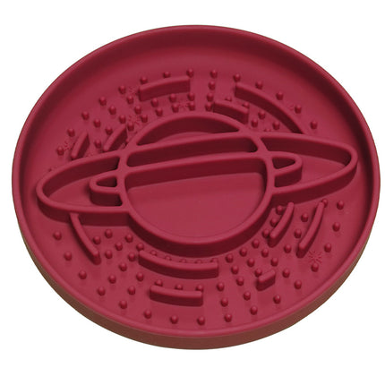 Red Silicone Planet Slow Feeder Dog Bowl - 2-in-1 Anti-Choke Lick Mat for Healthy Eating & Fun.