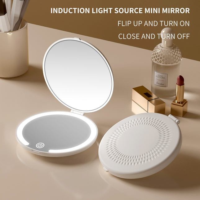 White LED Travel Makeup Mirror - Rechargeable Compact Mirror with 3 Color Lights, 1x/5x Magnification & Smart Auto On/Off.