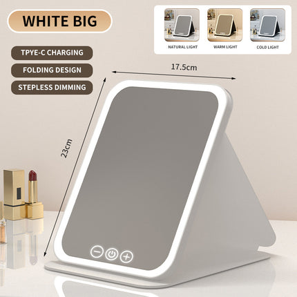 White Large Foldable LED Makeup Mirror - Portable Desktop Vanity with 3 Color Lights, Stepless Dimming & Adjustable Stand.