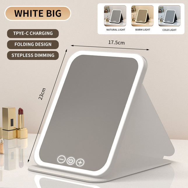 White Large Foldable LED Makeup Mirror - Portable Desktop Vanity with 3 Color Lights, Stepless Dimming & Adjustable Stand.