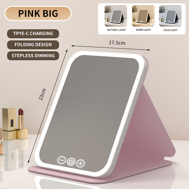 Pink Large Foldable LED Makeup Mirror - Portable Desktop Vanity with 3 Color Lights, Stepless Dimming & Adjustable Stand.