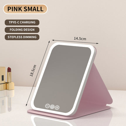 Pink Small Foldable LED Makeup Mirror - Portable Desktop Vanity with 3 Color Lights, Stepless Dimming & Adjustable Stand.