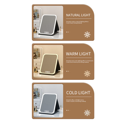 Pink Small Foldable LED Makeup Mirror - Portable Desktop Vanity with 3 Color Lights, Stepless Dimming & Adjustable Stand.