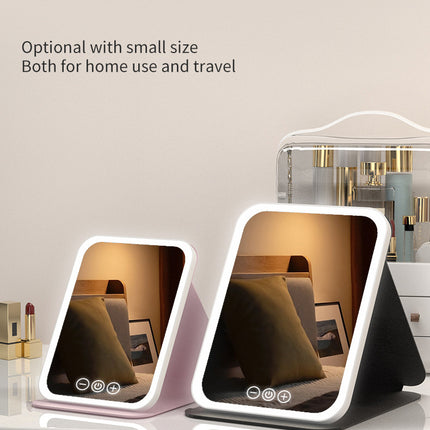 Pink Small Foldable LED Makeup Mirror - Portable Desktop Vanity with 3 Color Lights, Stepless Dimming & Adjustable Stand.