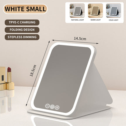 White Small Foldable LED Makeup Mirror - Portable Desktop Vanity with 3 Color Lights, Stepless Dimming & Adjustable Stand.