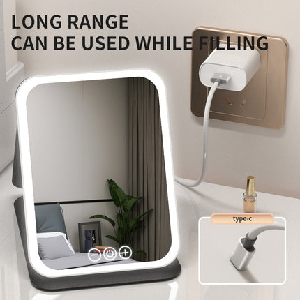 White Small Foldable LED Makeup Mirror - Portable Desktop Vanity with 3 Color Lights, Stepless Dimming & Adjustable Stand.