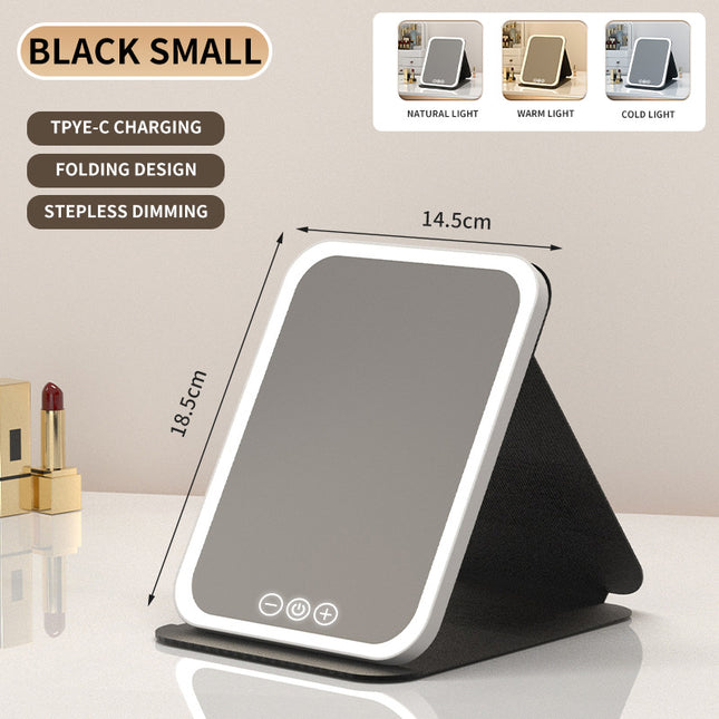 Black Small Foldable LED Makeup Mirror - Portable Desktop Vanity with 3 Color Lights, Stepless Dimming & Adjustable Stand.