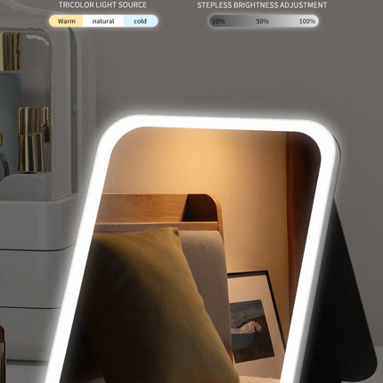 Black Small Foldable LED Makeup Mirror - Portable Desktop Vanity with 3 Color Lights, Stepless Dimming & Adjustable Stand.