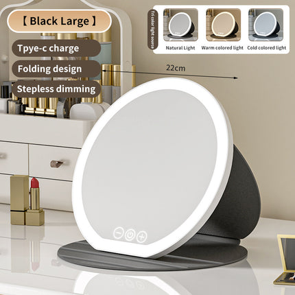 Black Large Round Foldable LED Makeup Mirror - 22cm Desktop Vanity with 3 Color Lights & Stepless Dimming.