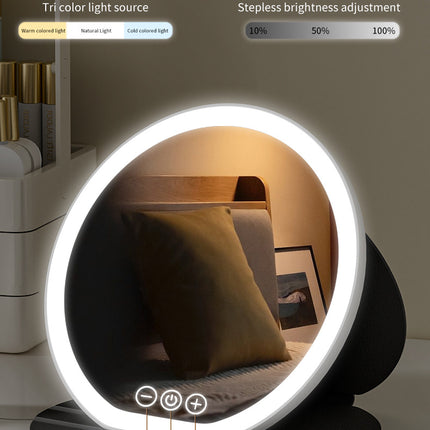 Black Large Round Foldable LED Makeup Mirror - 22cm Desktop Vanity with 3 Color Lights & Stepless Dimming.