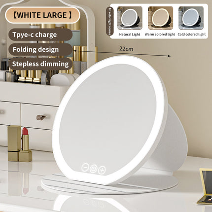 White Large Round Foldable LED Makeup Mirror - 22cm Desktop Vanity with 3 Color Lights & Stepless Dimming.