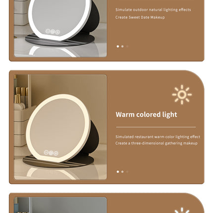 White Large Round Foldable LED Makeup Mirror - 22cm Desktop Vanity with 3 Color Lights & Stepless Dimming.