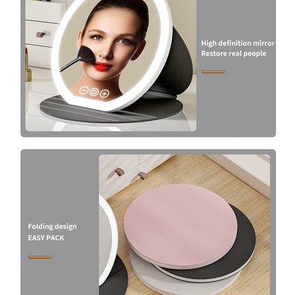 White Large Round Foldable LED Makeup Mirror - 22cm Desktop Vanity with 3 Color Lights & Stepless Dimming.