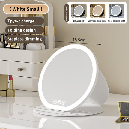 White Small Round Foldable LED Makeup Mirror - 18.5cm Desktop Vanity with 3 Color Lights & Stepless Dimming.