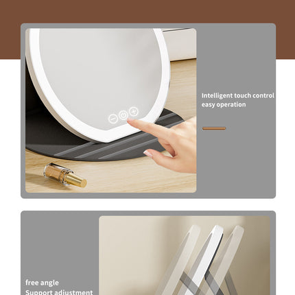 White Small Round Foldable LED Makeup Mirror - 18.5cm Desktop Vanity with 3 Color Lights & Stepless Dimming.
