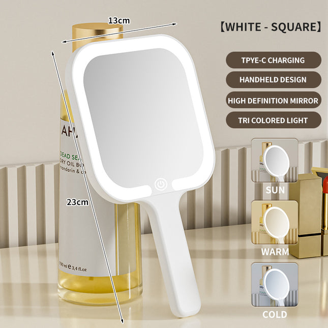 White Square Portable Handheld LED Makeup Mirror - USB-C Rechargeable with 3 Color Light Modes for On-The-Go Touch-Ups.