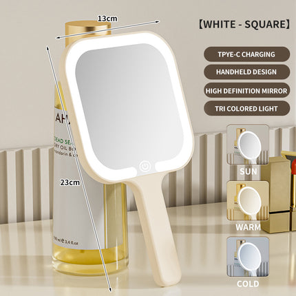 Light Yellow Square Portable Handheld LED Makeup Mirror - USB-C Rechargeable with 3 Color Light Modes for On-The-Go Touch-Ups.