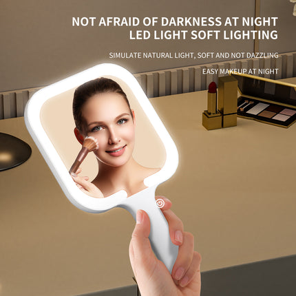 Light Yellow Square Portable Handheld LED Makeup Mirror - USB-C Rechargeable with 3 Color Light Modes for On-The-Go Touch-Ups.