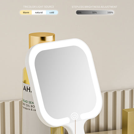 Light Yellow Square Portable Handheld LED Makeup Mirror - USB-C Rechargeable with 3 Color Light Modes for On-The-Go Touch-Ups.