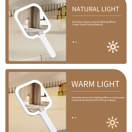 Light Yellow Square Portable Handheld LED Makeup Mirror - USB-C Rechargeable with 3 Color Light Modes for On-The-Go Touch-Ups.