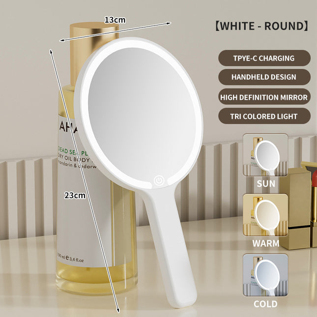White Round Portable Handheld LED Makeup Mirror - USB-C Rechargeable with 3 Color Light Modes for On-The-Go Touch-Ups.