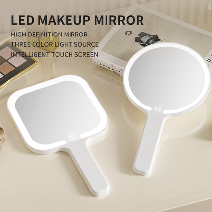 White Round Portable Handheld LED Makeup Mirror - USB-C Rechargeable with 3 Color Light Modes for On-The-Go Touch-Ups.