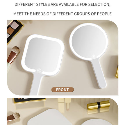 White Round Portable Handheld LED Makeup Mirror - USB-C Rechargeable with 3 Color Light Modes for On-The-Go Touch-Ups.