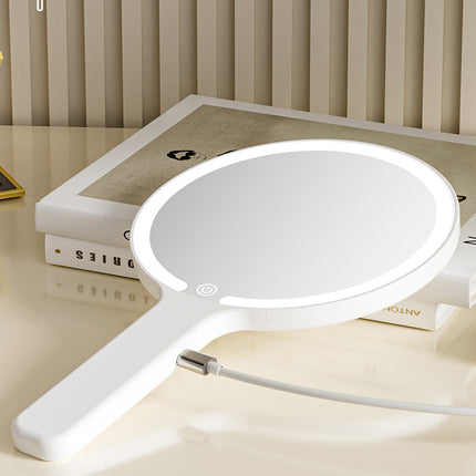 White Round Portable Handheld LED Makeup Mirror - USB-C Rechargeable with 3 Color Light Modes for On-The-Go Touch-Ups.