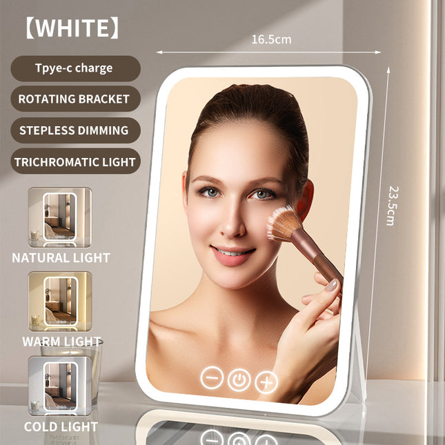 White Professional LED Vanity Mirror - 3 Color Lights, Stepless Dimming & Adjustable Rotating Stand, USB-C Rechargeable.